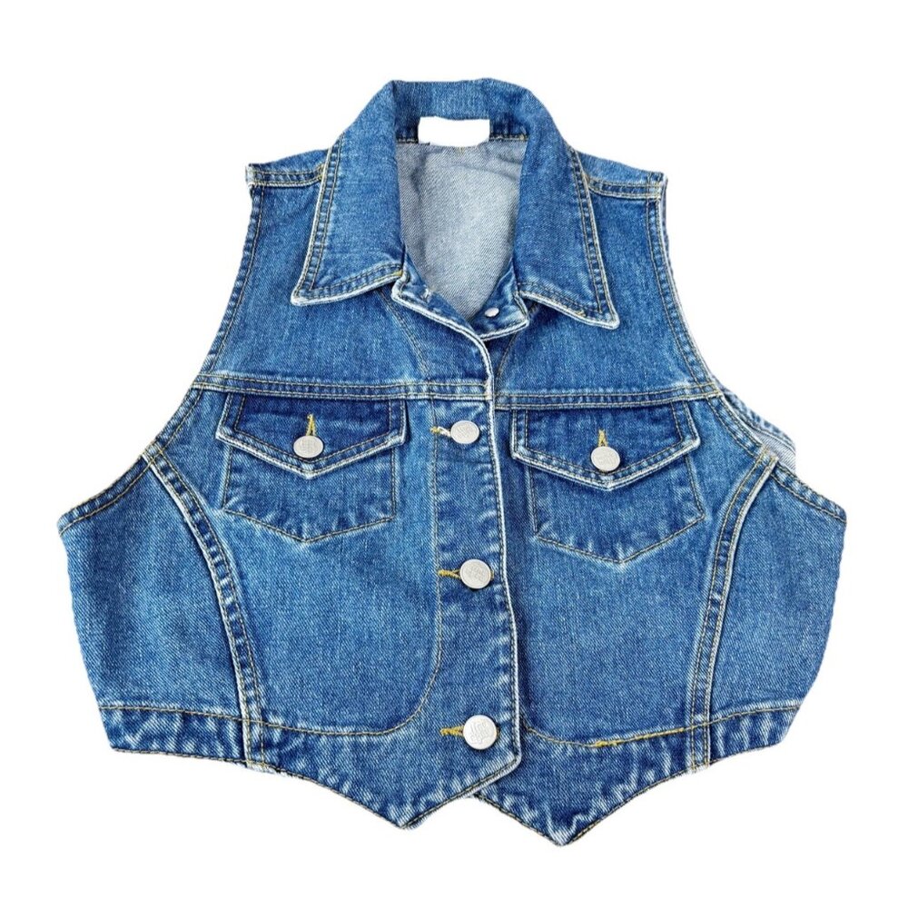 VTG 90's Nada Nuff Contemporary Large 100% Cotton Denim Crop Vest Adjustable EUC